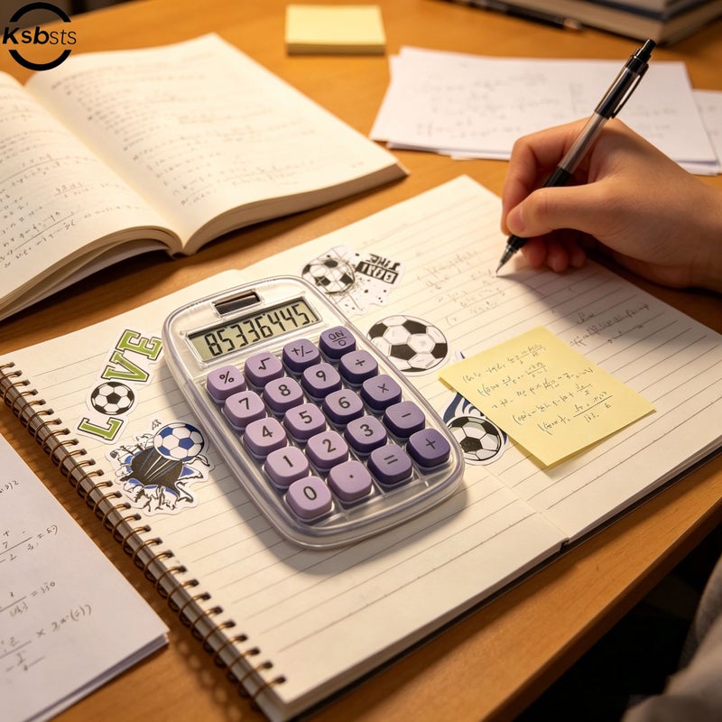 DIY Transparent Case 8 Digit Solar Powered Calculator With Purple Dual Color Buttons And One Random Soccer Sticker For Students And Office Use - Image 4