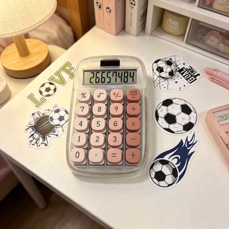 DIY Transparent Case 8 Digit Solar Powered Calculator With Purple Dual Color Buttons And One Random Soccer Sticker For Students And Office Use - Image 2