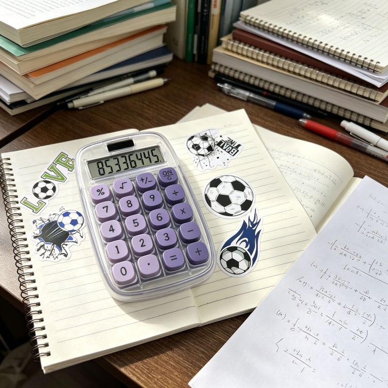 DIY Transparent Case 8 Digit Solar Powered Calculator With Purple Dual Color Buttons And One Random Soccer Sticker For Students And Office Use - Image 5
