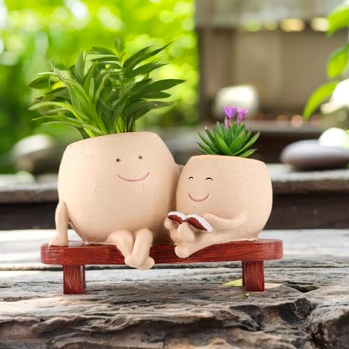 Meltset M Meltset Cute Face Planter Pot - Funny Double Head Planter Sitting on Bench, Smiley Succulent Pot with Drainage Indoor and Outdoor, Unique Gift for Plant Lovers(Light Brown) - Image 2