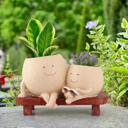 Meltset M Meltset Cute Face Planter Pot - Funny Double Head Planter Sitting on Bench, Smiley Succulent Pot with Drainage Indoor and Outdoor, Unique Gift for Plant Lovers(Light Brown) - Image 1