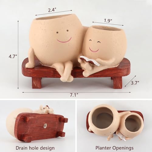 Meltset M Meltset Cute Face Planter Pot - Funny Double Head Planter Sitting on Bench, Smiley Succulent Pot with Drainage Indoor and Outdoor, Unique Gift for Plant Lovers(Light Brown) - Image 4