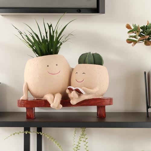 Meltset M Meltset Cute Face Planter Pot - Funny Double Head Planter Sitting on Bench, Smiley Succulent Pot with Drainage Indoor and Outdoor, Unique Gift for Plant Lovers(Light Brown) - Image 5
