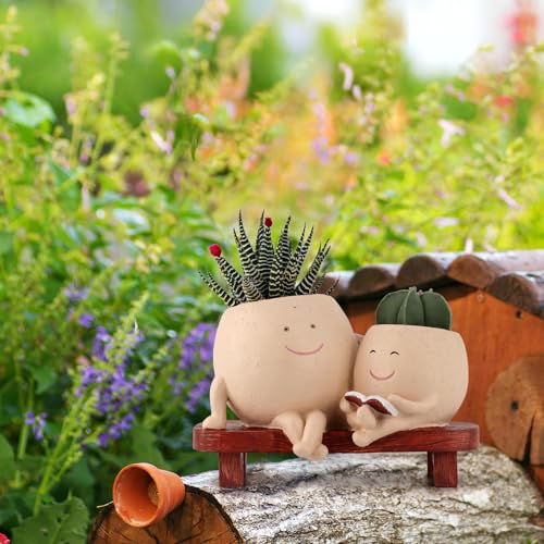 Meltset M Meltset Cute Face Planter Pot - Funny Double Head Planter Sitting on Bench, Smiley Succulent Pot with Drainage Indoor and Outdoor, Unique Gift for Plant Lovers(Light Brown) - Image 3