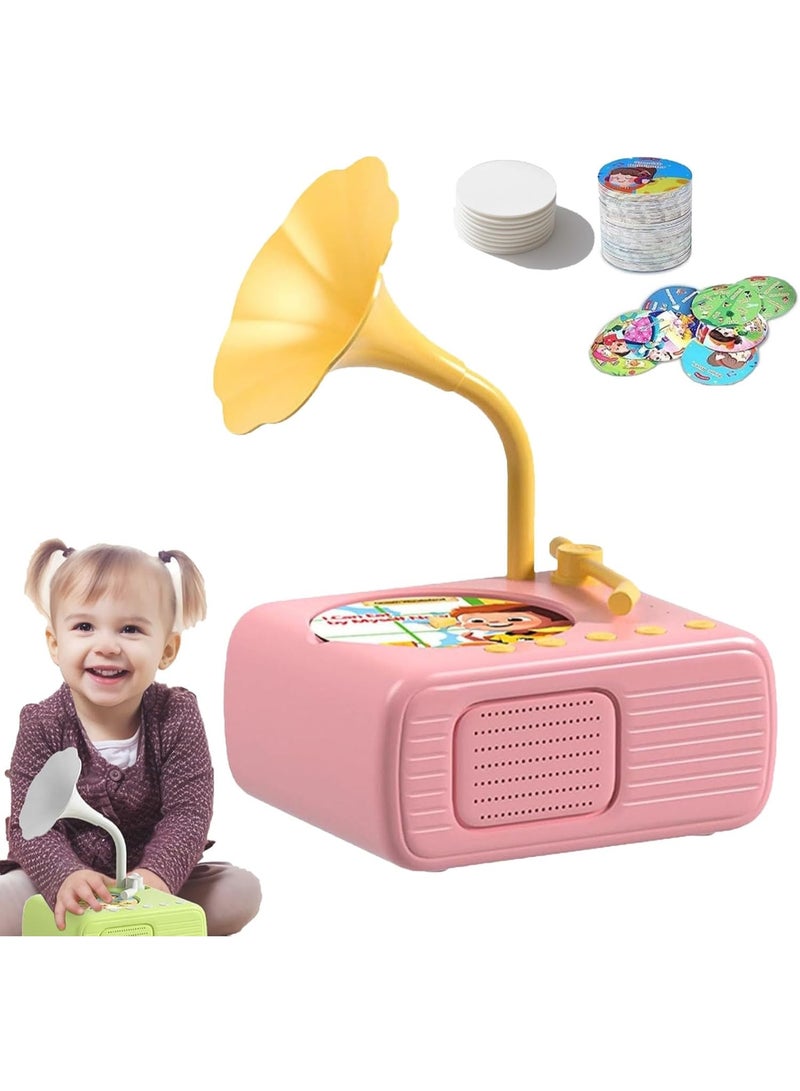 Kids Phonograph with 96 Cards, Plus 8 Blank Cards, Record Player Gramophone Audio Book Toy, Card Phonograph for Kids with Bluetooth Playback, Interactive Gift for Boys and Girls (Pink) - Image 1