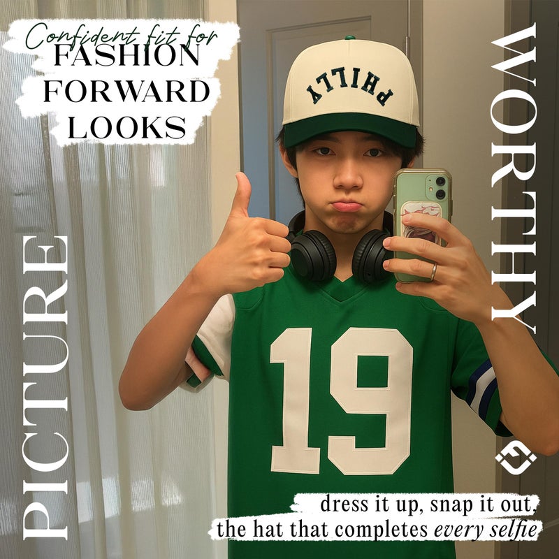 Funky Junque Two-Tone Canvas Snapback Baseball Cap - Philly (Upside Down) - Green/Beige - Image 4