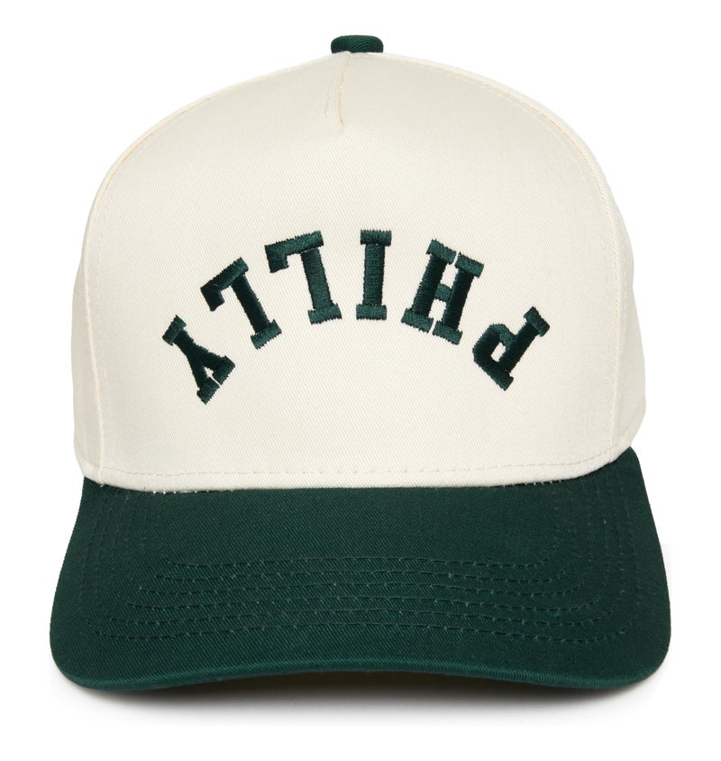 Funky Junque Two-Tone Canvas Snapback Baseball Cap - Philly (Upside Down) - Green/Beige - Image 1