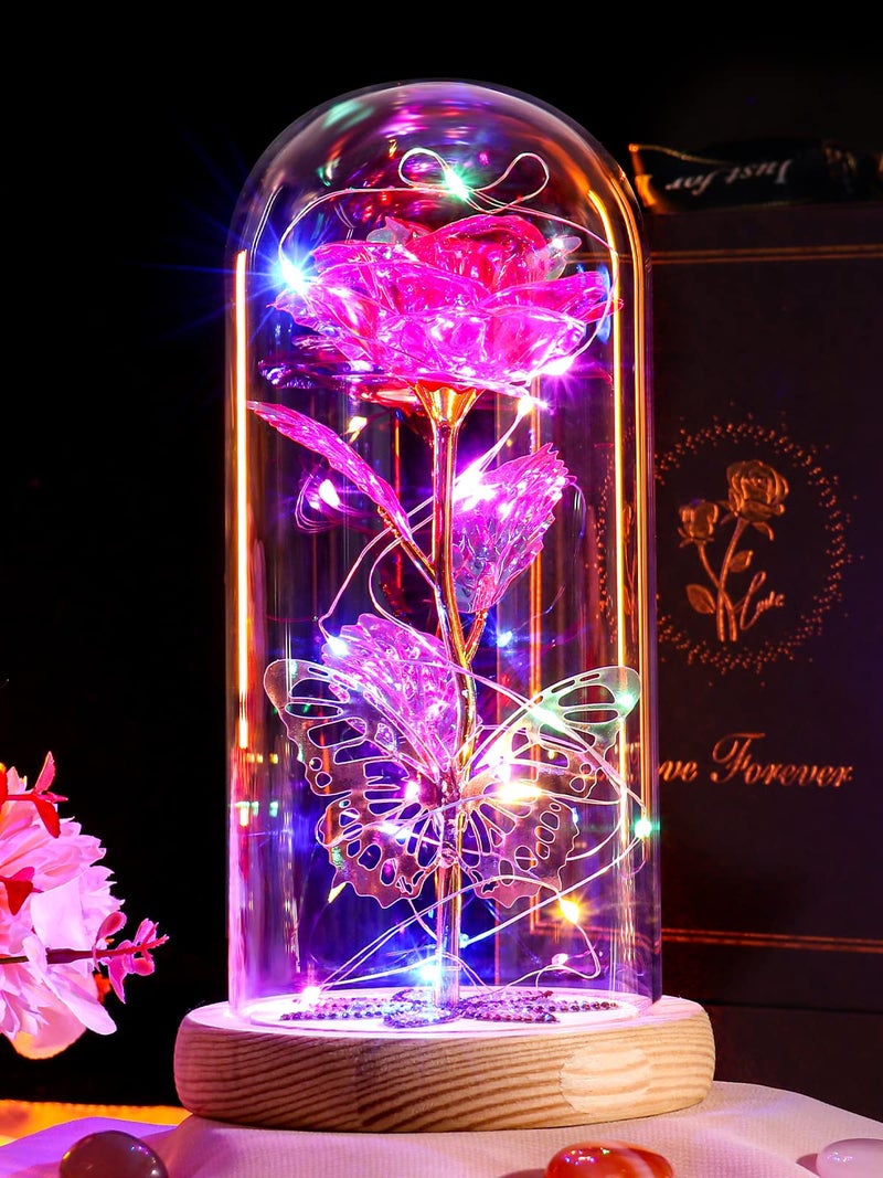 Beferr Beferr Gifts for Women Mom Birthday Gifts Galaxy Rose Eternal Colorful Rainbow Flower Gifts Light Up Rose in Glass Dome Mothers Day Rose Gifts for Grandma Daughter Wife Sister Friends Pink - Image 1