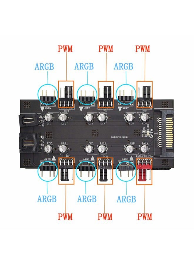 XMSJSIY 12V 4Pin PWM & 5V 3Pin ARGB with SATA 15Pin Power 2-in-1 Hub 6 Way Sync CPU Cooling Fan Addressable RGB Lighting PCB Splitter for Extended Motherboard Interface -Black Compatible With Desktop - Image 2