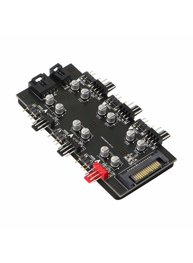 XMSJSIY 12V 4Pin PWM & 5V 3Pin ARGB with SATA 15Pin Power 2-in-1 Hub 6 Way Sync CPU Cooling Fan Addressable RGB Lighting PCB Splitter for Extended Motherboard Interface -Black Compatible With Desktop - Image 1