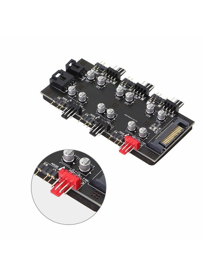 XMSJSIY 12V 4Pin PWM & 5V 3Pin ARGB with SATA 15Pin Power 2-in-1 Hub 6 Way Sync CPU Cooling Fan Addressable RGB Lighting PCB Splitter for Extended Motherboard Interface -Black Compatible With Desktop - Image 4