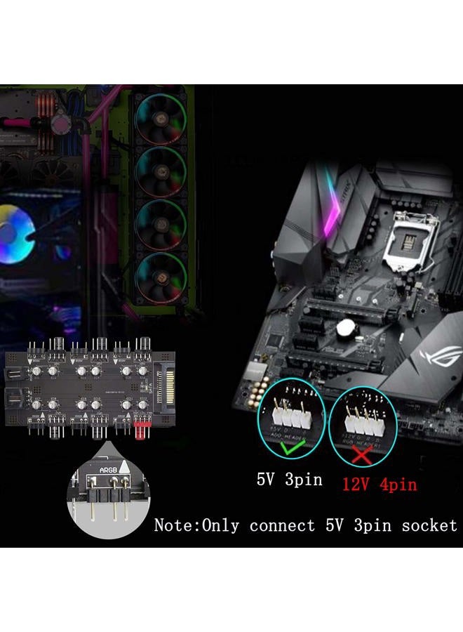 XMSJSIY 12V 4Pin PWM & 5V 3Pin ARGB with SATA 15Pin Power 2-in-1 Hub 6 Way Sync CPU Cooling Fan Addressable RGB Lighting PCB Splitter for Extended Motherboard Interface -Black Compatible With Desktop - Image 5