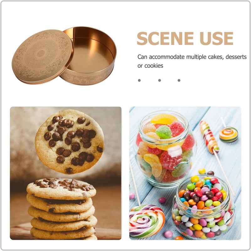 Amosfun Cookie Tin with Lid 6.6 Inch Gift Tin Candy Treat Boxes Decorative Cake Pan Round Tinplate Container for Storing Snack Chocolate Patisseries Golden - Image 3