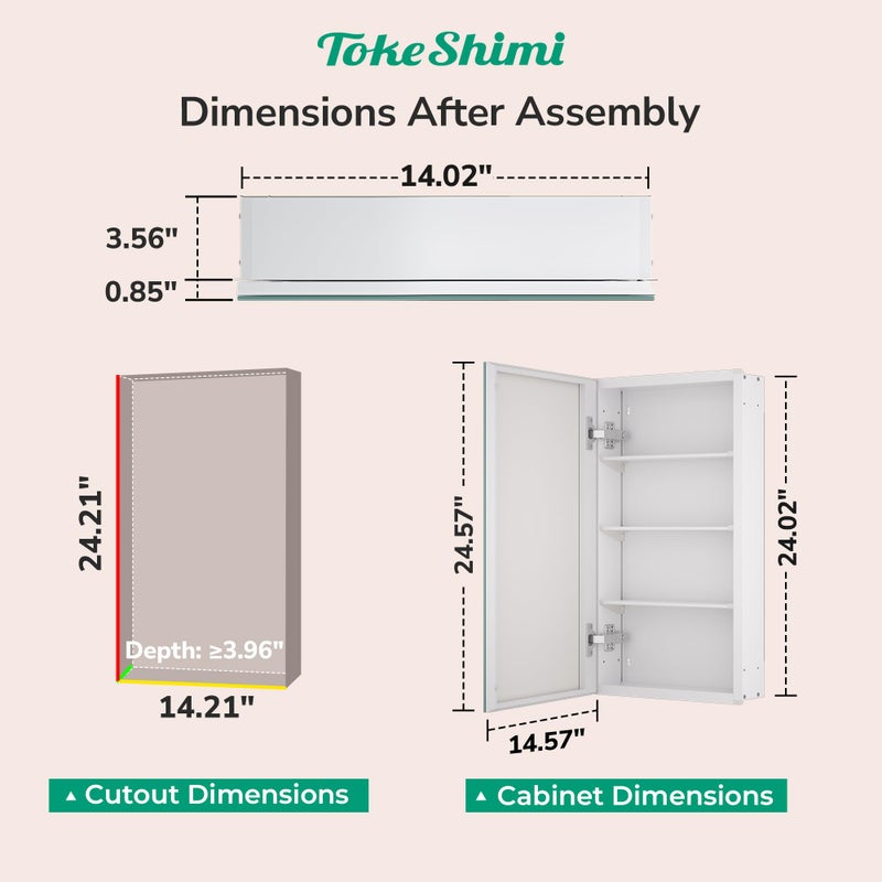 TokeShimi 14x24 Bathroom Mirror with Storage Tempered, Aluminum White Recessed Medicine Cabinet with Mirror Frameless Stepless Adjustable Shelf, Surface Mount Medicine Cabinet for Bathroom - Image 2
