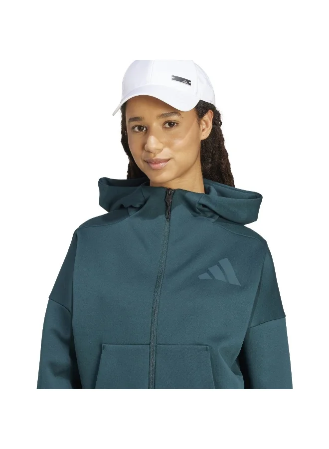 adidas دبل زد ان اي اف زد جاكيت أخضر بغطاء رأس للتدريب للنساء