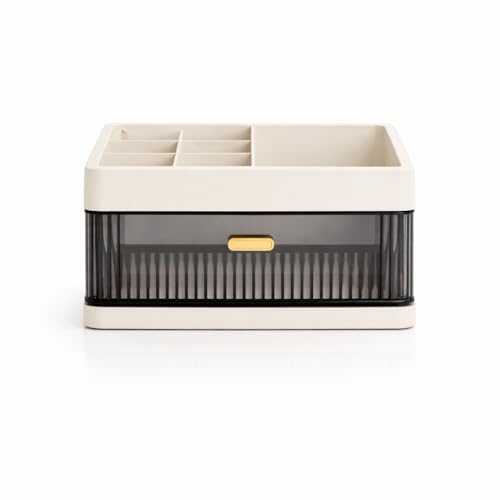 KREPS® Desk Makeup Organizer, Plastic Storage Box with Sliding Drawer, Stylish Display Case for Cosmetics, Lotion, Nail Polish,Brushes,and Jewelry (Cream, 1 - Layer) - Image 1