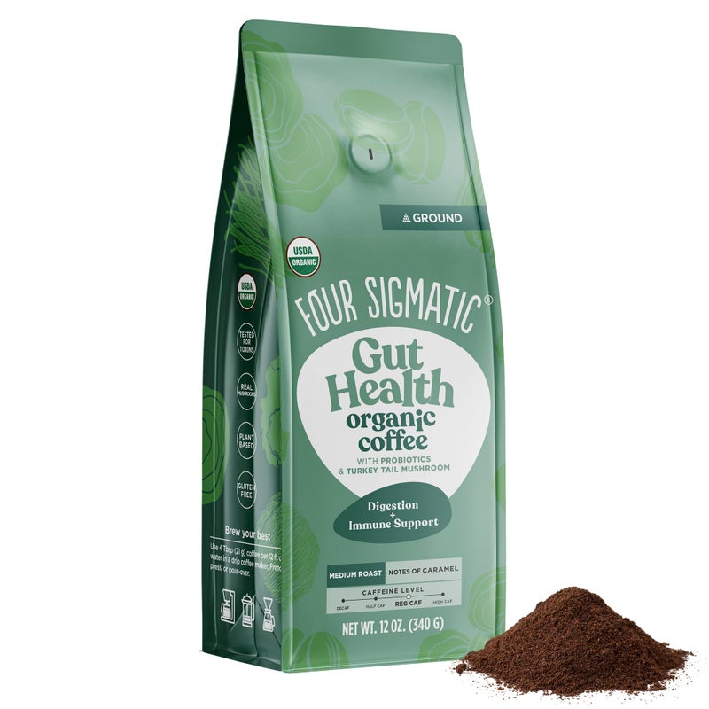 Four Sigmatic Gut Health Organic Ground Coffee | Medium Roast, Immune Boosting Probiotic Mushroom Coffee with Chaga & Turkey Tail for Gut Health & Immune Support | 12oz Bag - Image 1