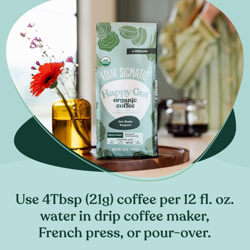 Four Sigmatic Gut Health Organic Ground Coffee | Medium Roast, Immune Boosting Probiotic Mushroom Coffee with Chaga & Turkey Tail for Gut Health & Immune Support | 12oz Bag - Image 5