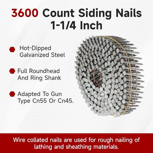 findmall 3600 Count Siding Nails 1-1/4 Inch by .092 Inch 15 Degree Ring Shank Hot-Dipped Galvanized Collated Wire Coil. Adapted to Gun Type CN55 or CN45 - Image 3
