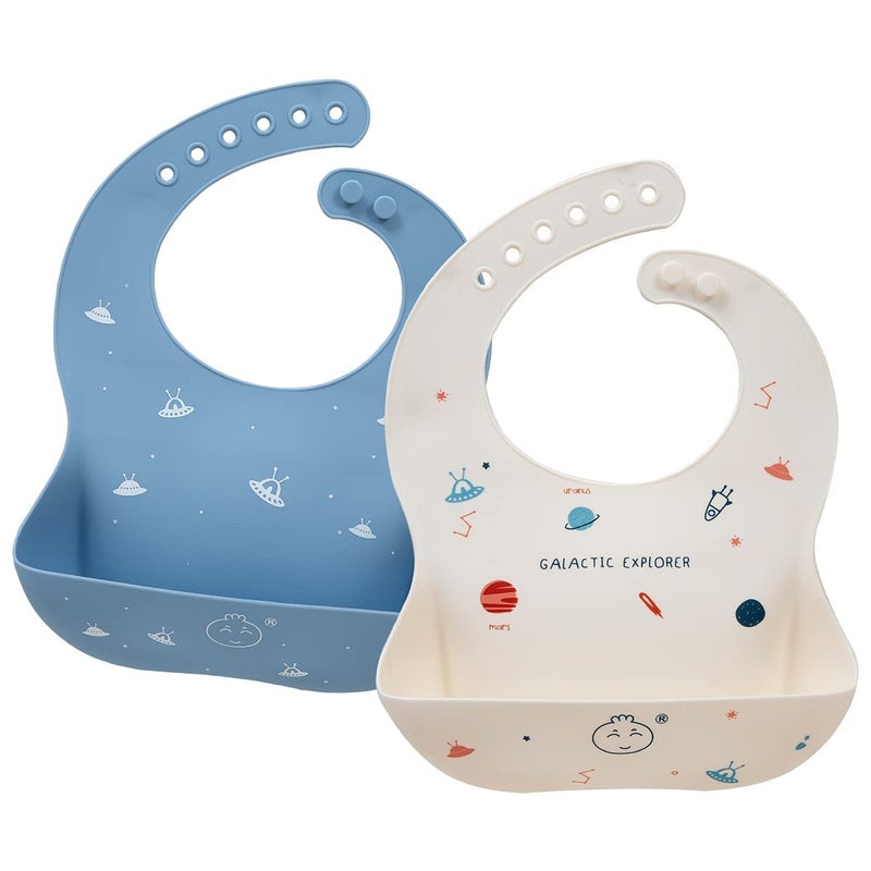 Little Dimsum Baby Bibs 2Pcs Silicone Baby Feeding Bibs Easily Adjustable and Wipe Clean Soft Waterproof Weaning Bibs Perfect Food Crumb Catcher for Babies &Toddlers(Glatic&Spaceship） - Image 1