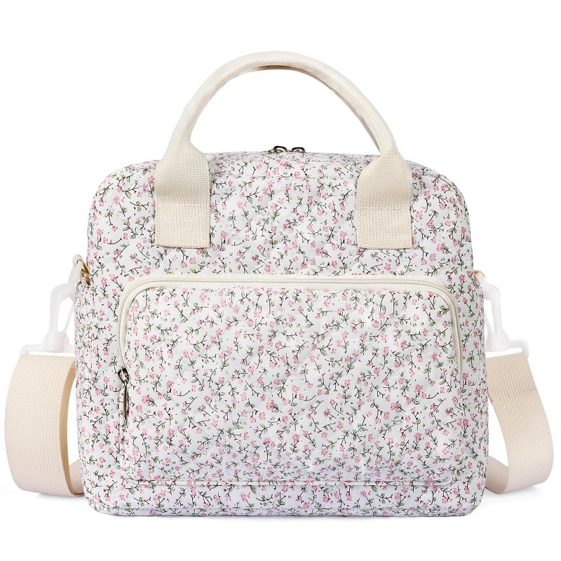 WOBAGMEN Quilted Lunch Box for Women,Large Pink Floral Insulated Lunch Bag for Adult,Cute Lunch Tote Bags for Work Picnic Travel(Pink Floral,M) - Image 1