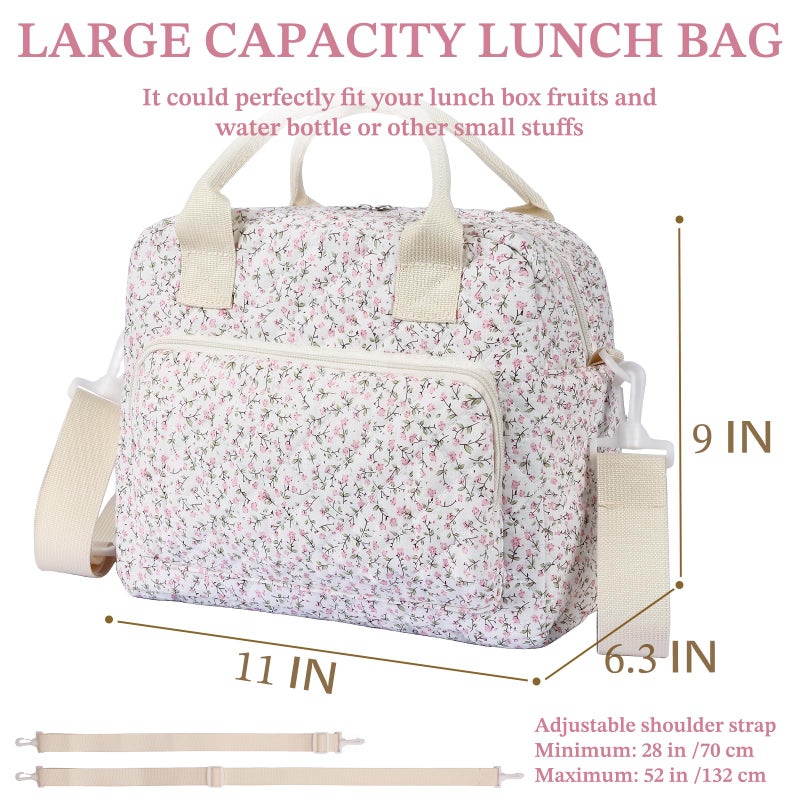 WOBAGMEN Quilted Lunch Box for Women,Large Pink Floral Insulated Lunch Bag for Adult,Cute Lunch Tote Bags for Work Picnic Travel(Pink Floral,M) - Image 2
