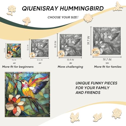 Qiuenisray Wooden Puzzles for Adults Mothers Day Puzzle Stained Glass Hummingbird Puzzle 200 Piece FSC Certified Unique Animal Shape Wood Puzzles Bird Jigsaw Puzzles for Family Game 112x112 in - Image 5
