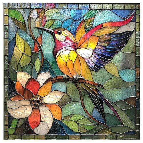 Qiuenisray Wooden Puzzles for Adults Mothers Day Puzzle Stained Glass Hummingbird Puzzle 200 Piece FSC Certified Unique Animal Shape Wood Puzzles Bird Jigsaw Puzzles for Family Game 112x112 in - Image 1