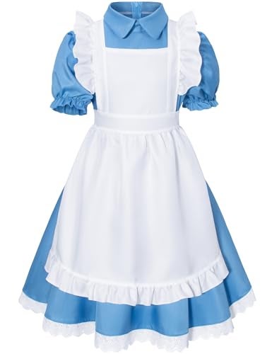 Irtysh Girl Blue Dress White Apron Halloween Cosplay Costume With Bow Hair Band Stockings Set(150) - Image 3