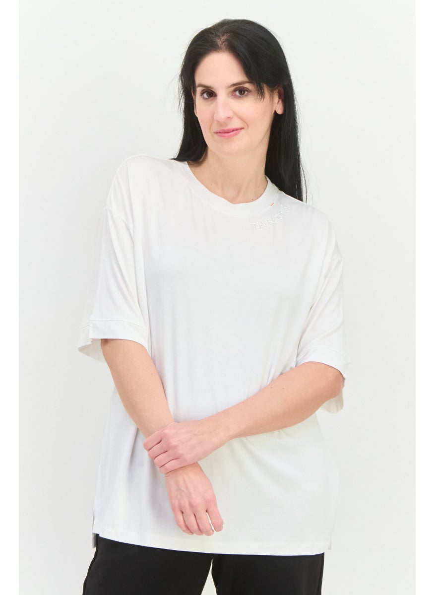 TRIBE OF 6 - Women Round Neck Shorts Sleeves Embroidered Logo T-Shirt, White - Image 1