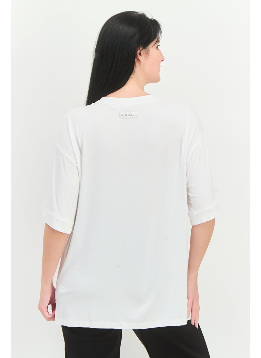 TRIBE OF 6 - Women Round Neck Shorts Sleeves Embroidered Logo T-Shirt, White - Image 1