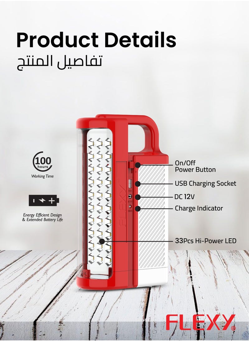 فليكسي فانوس LED قابل لإعادة الشحن من FLEXY: 33 مصباح LED عالي الطاقة، بطارية تدوم 100 ساعة، مدخل طاقة شمسية، مخرج USB، غطاء غير قابل للكسر، ضوء يعمل عند انقطاع التيار الكهربائي تلقائيًا، كفالة عامين، تصميم موفر للطاقة  - Image 2