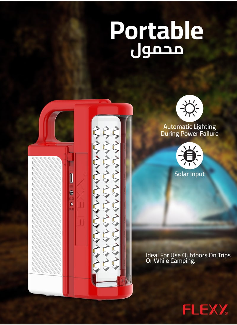 فليكسي فانوس LED قابل لإعادة الشحن من FLEXY: 33 مصباح LED عالي الطاقة، بطارية تدوم 100 ساعة، مدخل طاقة شمسية، مخرج USB، غطاء غير قابل للكسر، ضوء يعمل عند انقطاع التيار الكهربائي تلقائيًا، كفالة عامين، تصميم موفر للطاقة  - Image 5