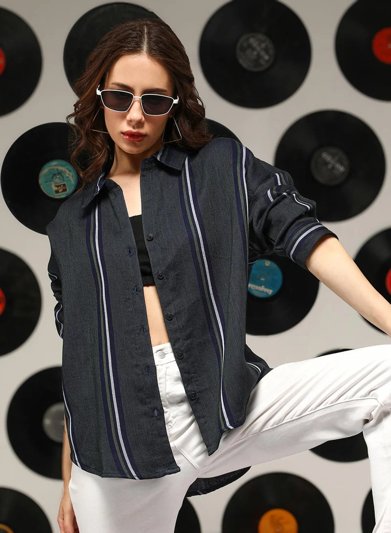 Campus Sutra Campus Sutra Women's Sacramento Green Unbalanced-Striped Oversized Shirt For Casual Wear | Spread Collar | Long Sleeves | Button Closure | Oversized Shirt Crafted With Comfort Fit For Everyday Wear