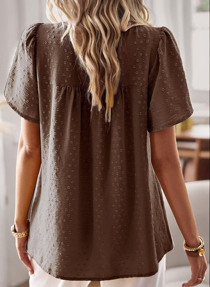 Falechay Cute Tops Womens Tunic Tops to Wear with Leggings Spring Shirts for Women Dressy Casual Lace Crochet Crew Neck Short Sleeve Cute Blouses Boho Clothing Plus Size XL Brown - Image 3