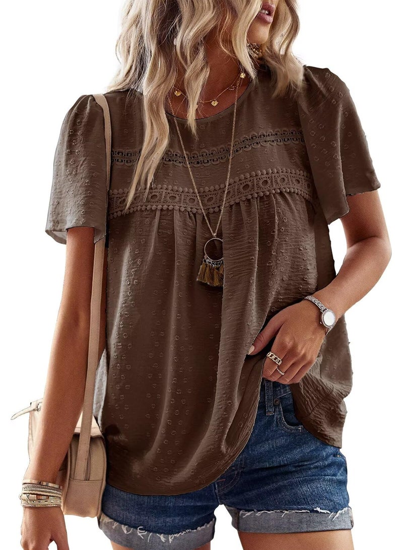Falechay Cute Tops Womens Tunic Tops to Wear with Leggings Spring Shirts for Women Dressy Casual Lace Crochet Crew Neck Short Sleeve Cute Blouses Boho Clothing Plus Size XL Brown - Image 1