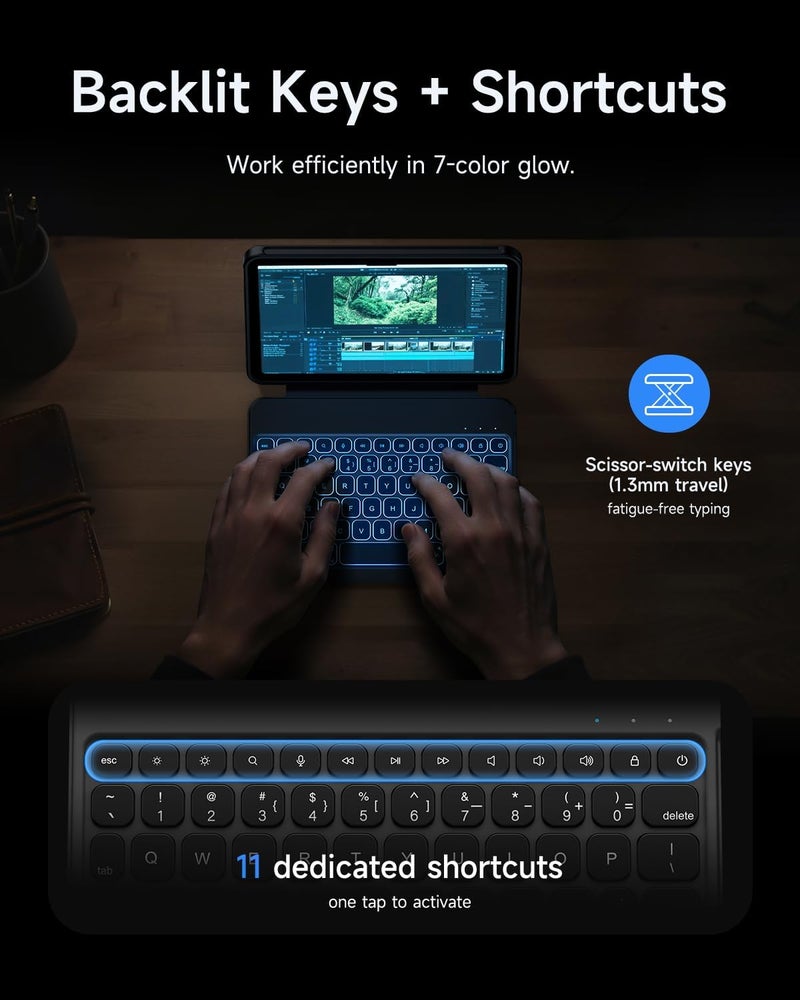 هوو حافظة لوحة مفاتيح HOU لأجهزة iPad Mini 7/6، حامل قابل للتعديل بزاوية 156 درجة، حافظة حماية كاملة قابلة للفصل لأجهزة iPad Mini 7/6، 11 مفتاح اختصار، إضاءة خلفية بـ7 ألوان، سيليكون PU، متعددة الوظائف، بلوتوث، تخطيط أمريكي - Image 5