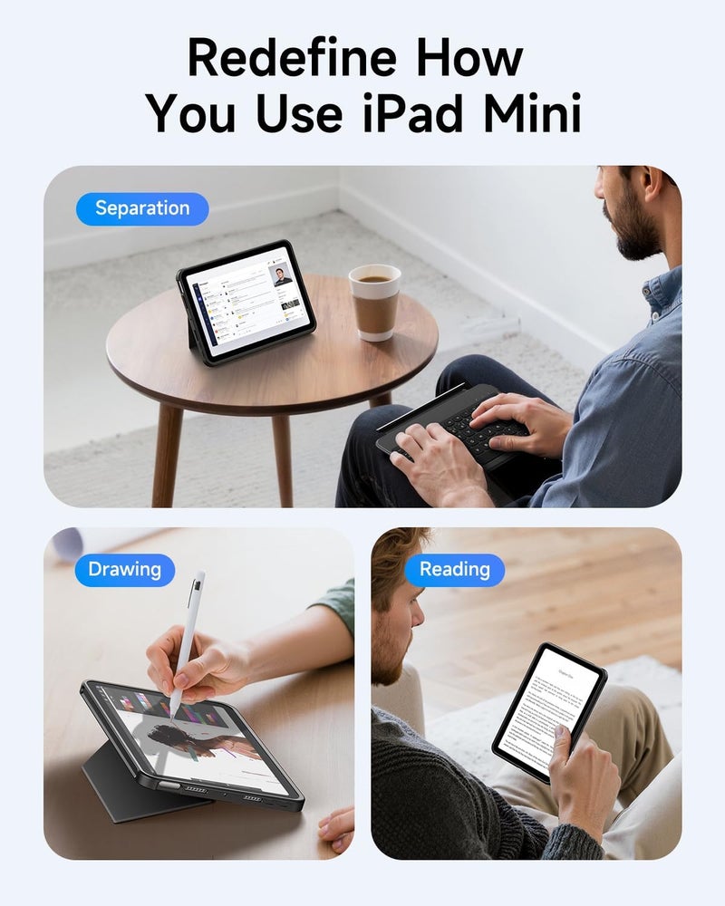 هوو حافظة لوحة مفاتيح HOU لأجهزة iPad Mini 7/6، حامل قابل للتعديل بزاوية 156 درجة، حافظة حماية كاملة قابلة للفصل لأجهزة iPad Mini 7/6، 11 مفتاح اختصار، إضاءة خلفية بـ7 ألوان، سيليكون PU، متعددة الوظائف، بلوتوث، تخطيط أمريكي - Image 3