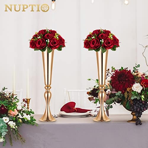 NUPTIO Flower Wedding Centrepieces for Tables - 10 Pcs 9.5in Diameter Crimson Artificial Flowers Rose Ball for Centerpieces Table - Fake Rose Arrangements for Weddings Birthday Party Decor - Image 3