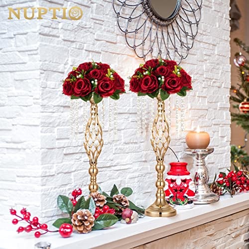 NUPTIO Flower Wedding Centrepieces for Tables - 10 Pcs 9.5in Diameter Crimson Artificial Flowers Rose Ball for Centerpieces Table - Fake Rose Arrangements for Weddings Birthday Party Decor - Image 2