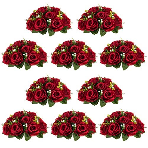 NUPTIO Flower Wedding Centrepieces for Tables - 10 Pcs 9.5in Diameter Crimson Artificial Flowers Rose Ball for Centerpieces Table - Fake Rose Arrangements for Weddings Birthday Party Decor - Image 1