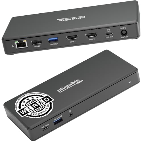 Plugable USB-C Docking Station Dual 4K 60Hz HDMI, 65W Charging, Gigabit Ethernet, 1x USB-C 5Gbps, 3X USB-A, Audio, Windows/ChromeOS, USB-C/USB4/Thunderbolt, Driverless (UD-MSTH2) - Image 1
