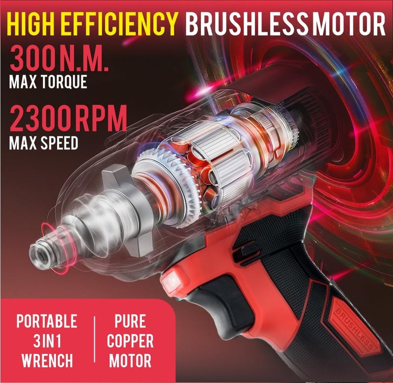 ENON طقم مفتاح صدمة لاسلكي 20 فولت، عزم دوران 300Nm، محرك قوي، بطاريتان ليثيوم 2.0Ah، 5 رؤوس مفاتيح، F/R، بدون فرش، أداة نجارة، مثقاب، مفك براغي - ضمان 6 أشهر (XE-BL2031) - Image 3