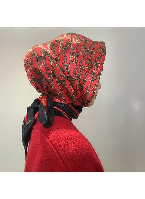 1 x 5 pcs Malaysia Shopee Satin Square Scarf 90x90cm Letter Print Red Saddle Chain