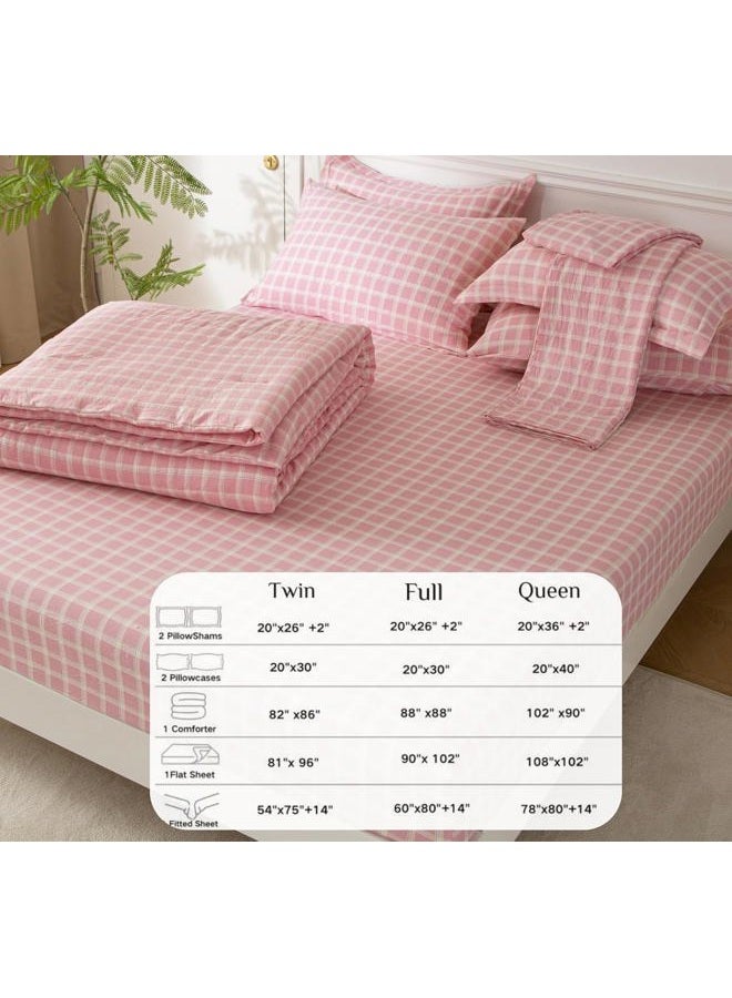 SDY 7PCS Pink and White Plaid Bedding Set Full Size, Washed Microfiber Pink Gingham Bedding Set with Comforter, Flat Sheet, Fitted Sheet and Pillowcases & Shams for Kids Boys Girls - Image 5
