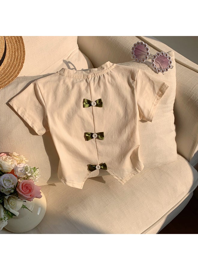 Girl's Short-sleeved T-shirt New Style Baby Korean Versatile Base Layer Summer Children Hollow Bow Short-sleeved Top