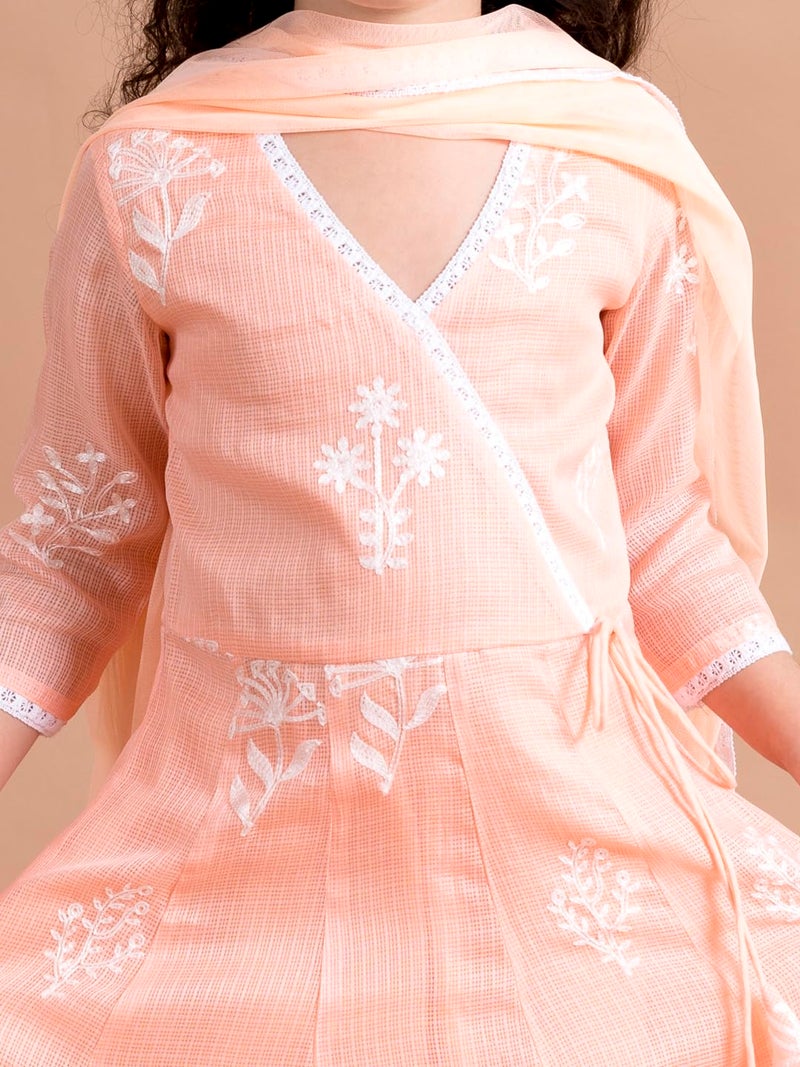 Pspeaches Girls Pure Cotton Peach-Coloured Floral Printed Angrakha Kurta Set With Trousers With Dupatta (Orange-10-12Y) - Image 2