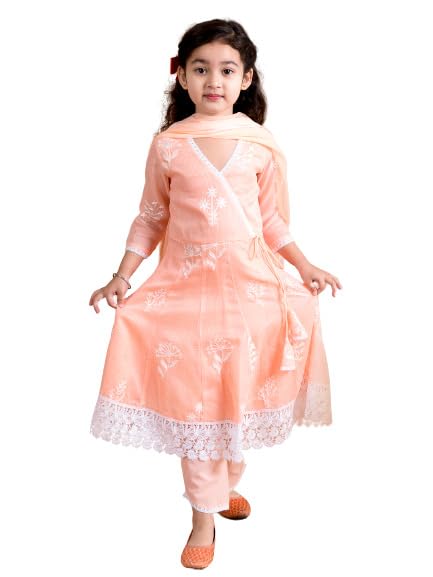 Pspeaches Girls Pure Cotton Peach-Coloured Floral Printed Angrakha Kurta Set With Trousers With Dupatta (Orange-10-12Y) - Image 1