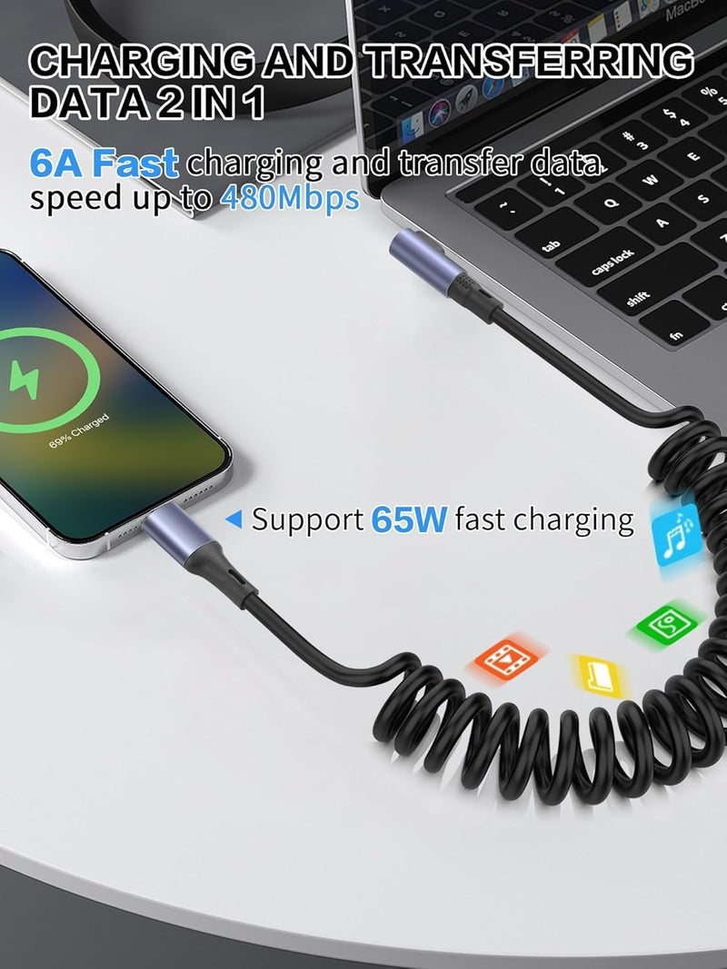 KASTWAVE 90 Degree Coiled USB A to USB C Cable Fast Charging Cord 3.2FT Retractable Right Angle Type C Data Transfer Wire for Car, Android Auto, Samsung & Gaming - Image 3
