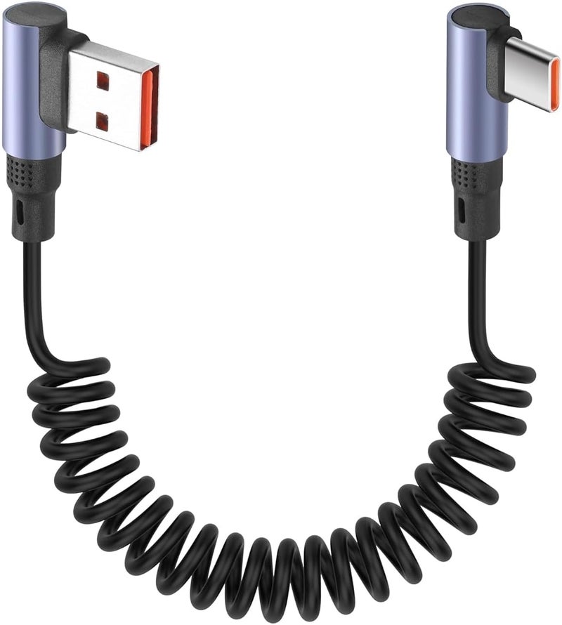 KASTWAVE 90 Degree Coiled USB A to USB C Cable Fast Charging Cord 3.2FT Retractable Right Angle Type C Data Transfer Wire for Car, Android Auto, Samsung & Gaming - Image 1